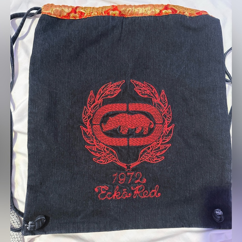 Ecko drawstring bag vintage 90s Y2K denim Indian embroidery